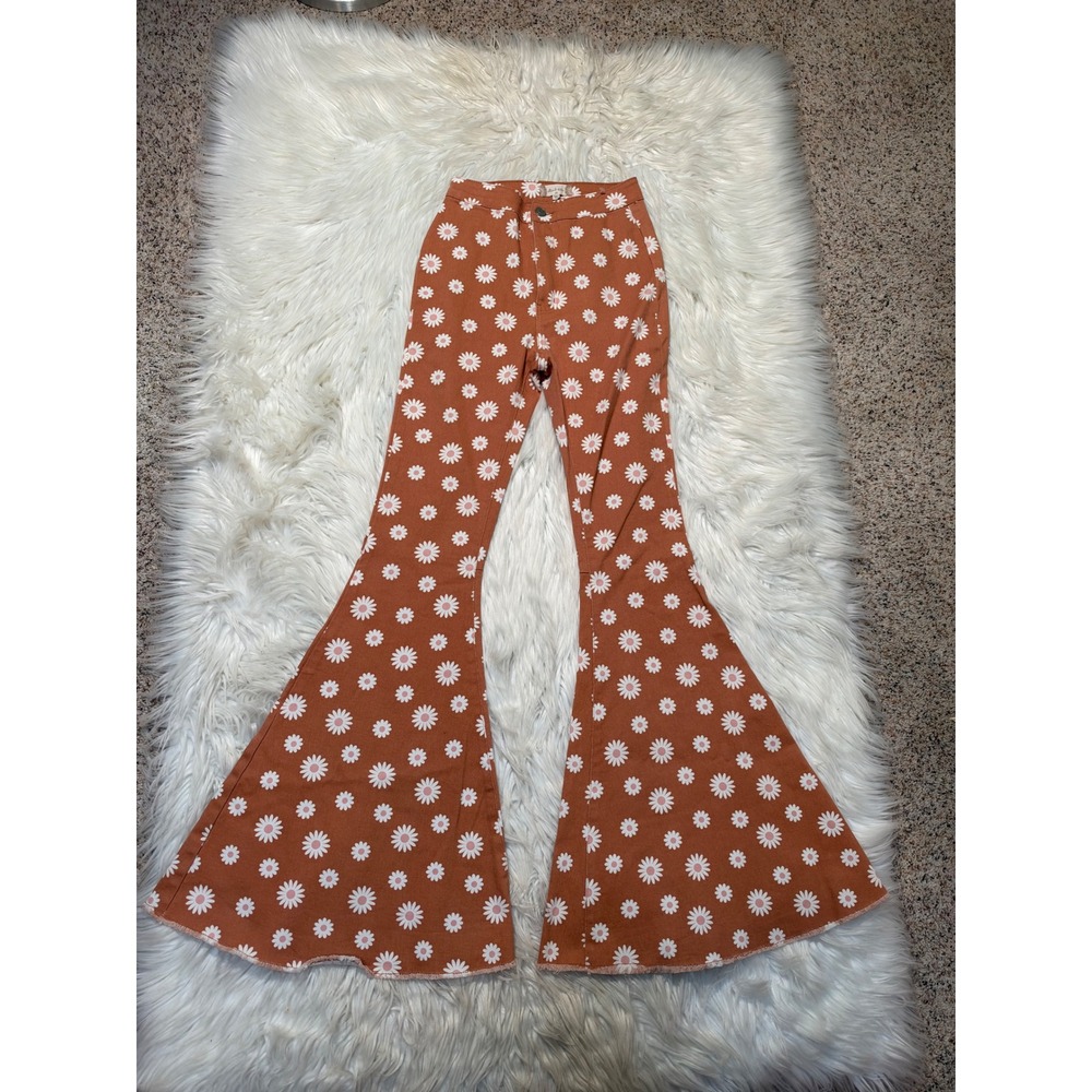 Altar'd State Women's Size XS Bell Bottom Flare Jeans Orange Rust Daisy Floral - Picture 2 of 12